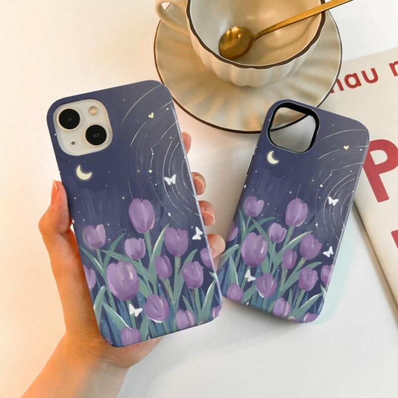 Yıldızlar ve Lale Desenli Baskılı Telefon Kılıfı
