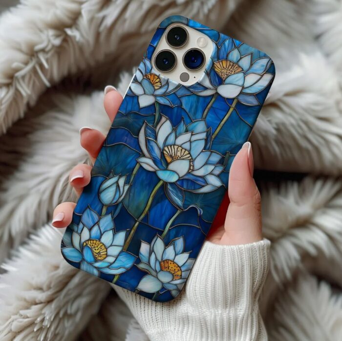 Mavi Lotus Desenli Baskılı Telefon Kılıfı