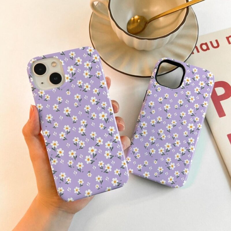 Mor Papatya Desenli Baskılı Telefon Kılıfı