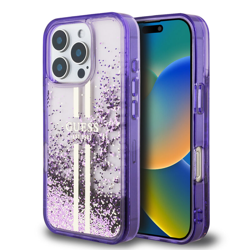 Apple iPhone 16 Pro Max Kılıf Guess Orjinal Lisanslı Transparan Sıvılı Simli Altın Çizgili Kapak
